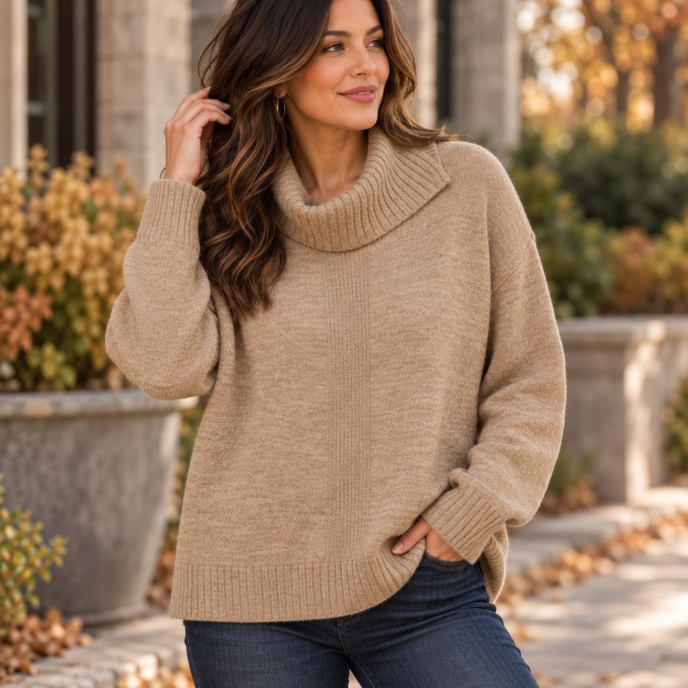 Banana Republic Women Camel Tan Cowl Neck Knit Sweater Medium Relaxed Fit